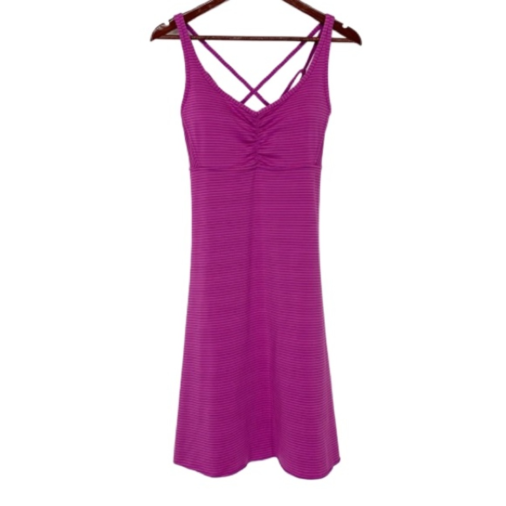 Prana Striped Purple & Pink Strappy Criss Cross Popover Stretchy Athletic Dress